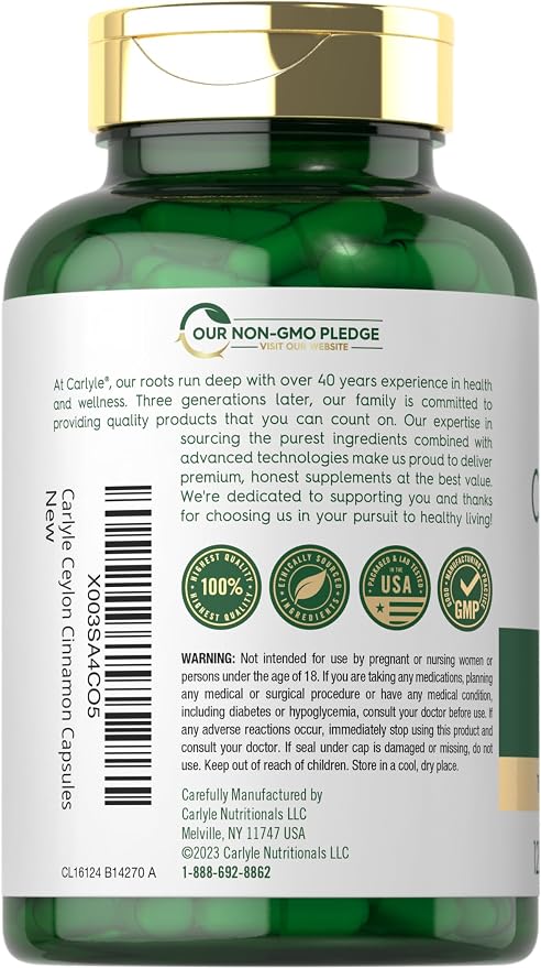 Carlyle Ceylon Cinnamon Capsules | 120 Count | Non-GMO & Gluten Free Supplement