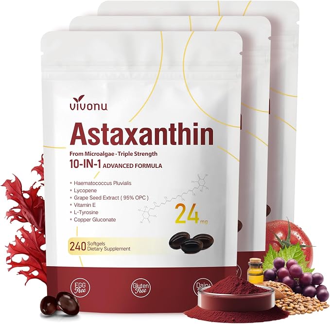 VivoNu Astaxanthin 24mg – Powerful Antioxidant Support for Skin, Eyes & Immune System – 10-in-1 Formula with Lycopene, Grape Seed, Vitamin E & Zinc – Triple Strength, 720 Softgels, 3 Bag