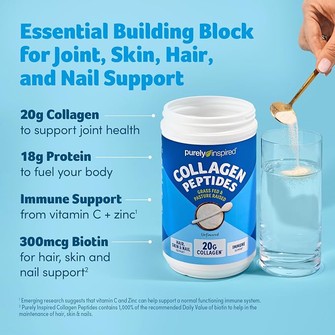 Purely Inspired Collagen Powder, Unflavored (20 Servings) - 20g Hydrolyzed Collagen Peptides Protein Powder for Women & Men - Grass-Fed & Pasture Raised Supports Hair, Nail, Skin, Bone & Joint Health