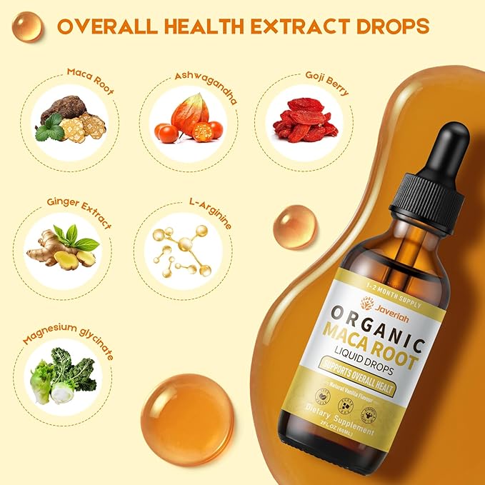 Organic Maca Root Liquid Drops with Ashwagandha,Goji Berry,Ginger,Magnesium and L-Arginine for Women and Men,Ashwagandha Maca Root Supplements Tincture 4 Fl Oz 2 Pack