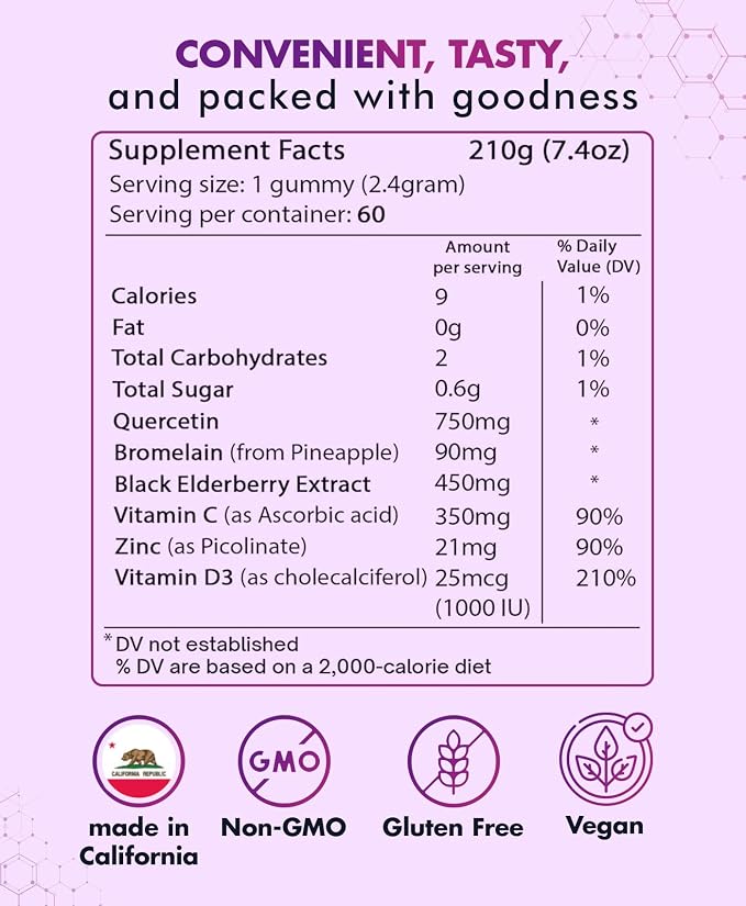 (3 Pack) Quercetin Gummies by BioVitalica - Quercetin with Bromelain Vitamin C and Zinc & Elderberry + Vitamin D3-5 in 1 Immune Support - Zinc Quercetin 750 mg for Kids and Adults