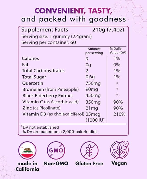 (2 Pack) Quercetin Gummies by BioVitalica - Quercetin with Bromelain Vitamin C and Zinc & Elderberry + Vitamin D3-5 in 1 Immune Support - Zinc Quercetin 750 mg for Kids and Adults