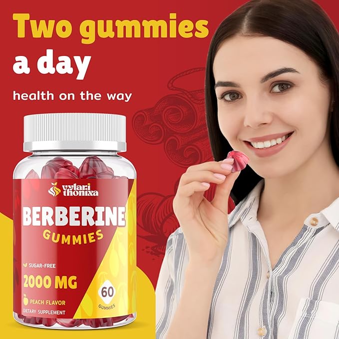 2000mg Berberine Supplement Gummies – High Potency Wellness Blend with Ceylon Cinnamon, Turmeric, Magnesium & Chromium, Vegan, Non-GMO, Gluten-Free, Peach Flavor, 60 Gummies - 1 Pack