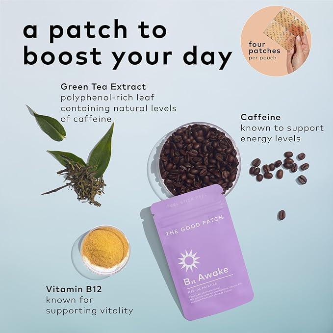 The Good Patch B12 Awake Patch, Caffeine, B12 and Green Tea Extract, Natural Plant Powered Wearable Wellness, Helps to Promote Energy (8 Total Patches)