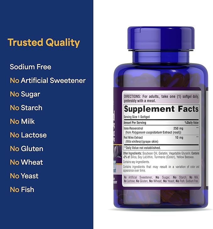 Puritan's Pride Premium Resveratrol Youth Guard™ 250mg, Dietary Supplement for Immune System, Antioxidant, Sugar Metabolism, Blood Flow, and Vascular Function Support, 60 Rapid Release Softgels