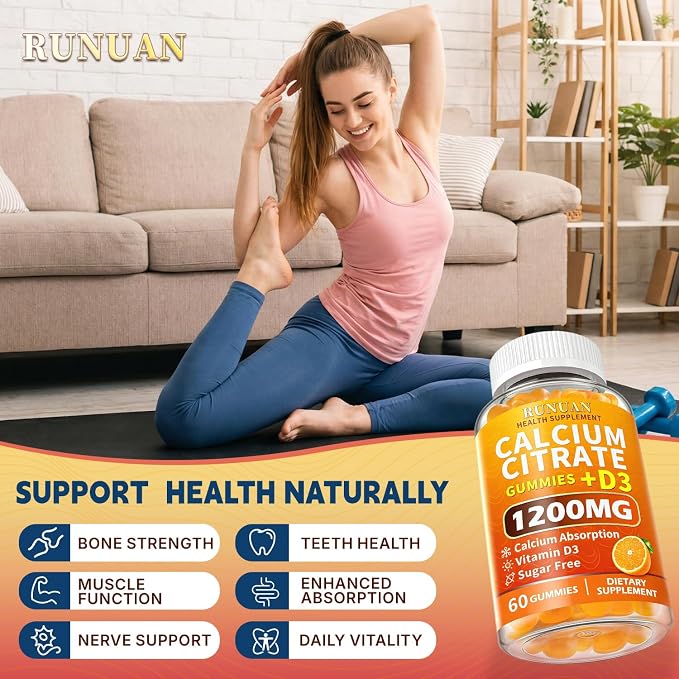 (2 Pack) Calcium Citrate 1200mg Gummies with Vitamin D3 for Women Men - High Absorption Calcium Gummies Supplements for Bone Teeth Muscle Healthy, Sugar Free, Vegan, Non-GMO, Orange Flavor, 120 Count