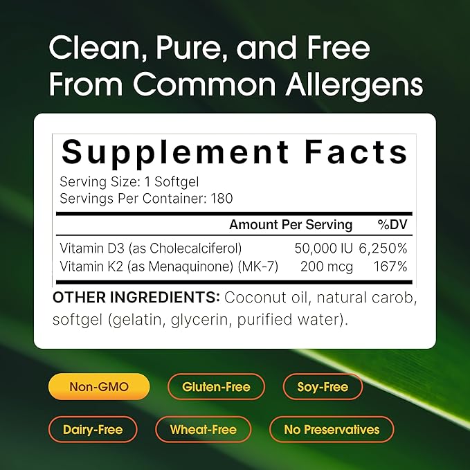 NatureBell Vitamin D3 50,000 IU with Vitamin K2-180 Softgels - High-Potency Bone & Immune Support* - Easy Absorption with Coconut Oil - Non-GMO & Gluten-Free