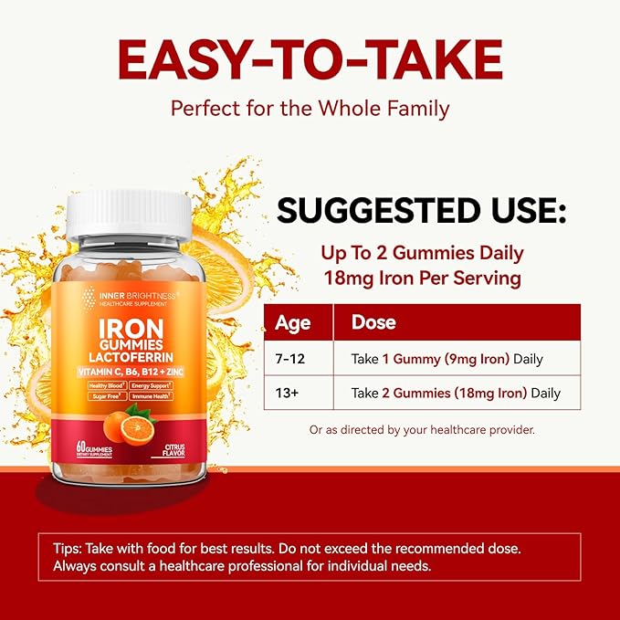Iron Supplement Gummies with Lactoferrin, Vitamin C, B6, B12 & Zinc – Gentle, Vegan, Sugar-Free – Supports Healthy Blood, Immune Health & Energy – for Women, Men & Kids – Orange Flavor, 60 Count