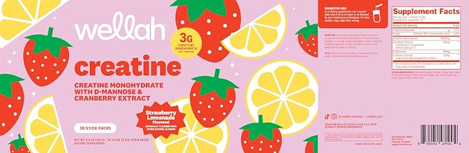 Wellah Creatine for Women (Strawberry Lemonade) 30 Stick Packs - 3g of Creatine Monohydrate with Dandelion & Cranberry Extract, to-Go Packets