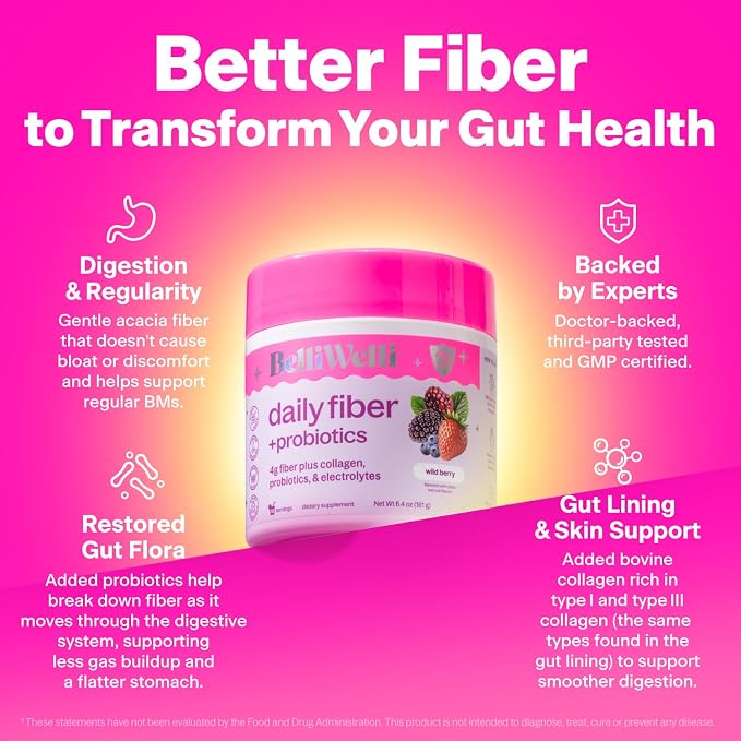 Belli Welli Fiber Supplement for Women & Men – Premium Daily Fiber Powder from Organic Acacia with Added Collagen, Electrolytes & Probiotics – No Bloat, Constipation & Gut Health Support (Wild Berry)