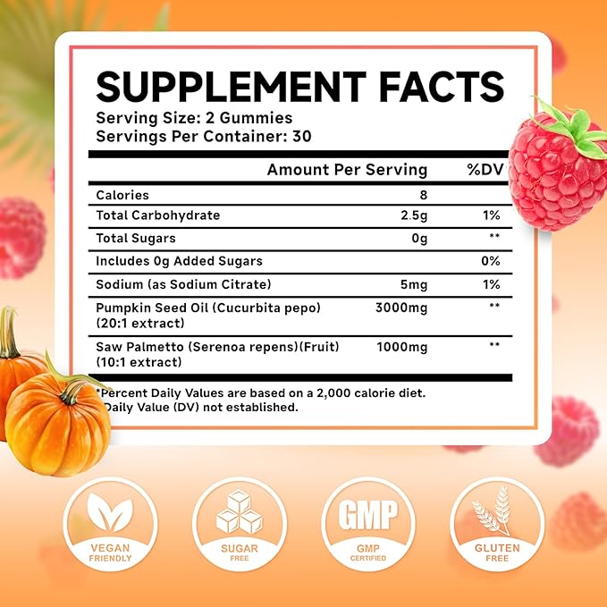 2 Pack Pumpkin Seed Oil Gummies with Saw Palmetto, Pumpkin Seed Oil for Hair and Skin Health, Pumpkin Seed Extract for Women Men, Sugar-Free, Raspberry Flavor, 120 Count