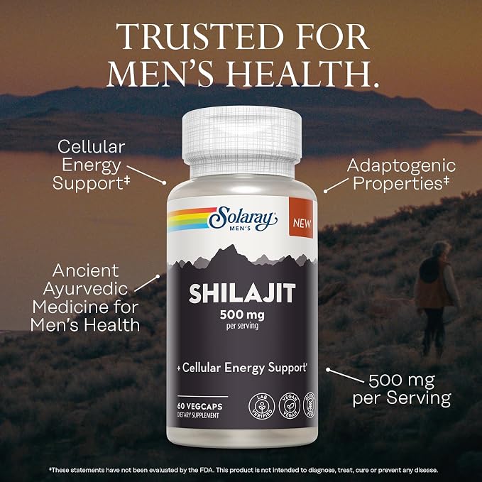SOLARAY Shilajit 500 mg, PrimaVie (R) Himalayan Shilajit for Men, Adaptogenic Cellular Energy Support, Men’s Health Supplement, Vegan, Gluten Free, 60-Day Guarantee - 30 Servings, 60 VegCaps