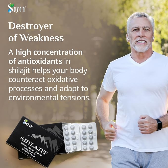 Sayan 100% Pure Shilajit Tablets, High-Potency Supplement, More Effective Than Resin & Capsules, 85+ Trace Minerals Sourced from 10,000 ft Lab-Tested. 60 Tablets 200 mg per Tablet 1-2 Month Supply
