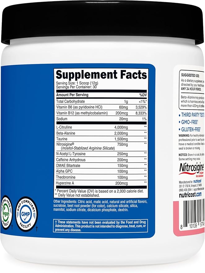 Nutricost Pre-Workout Powder (Watermelon Candy) 30 Servings - GMO-Free, Gluten-Free, Vegetarian