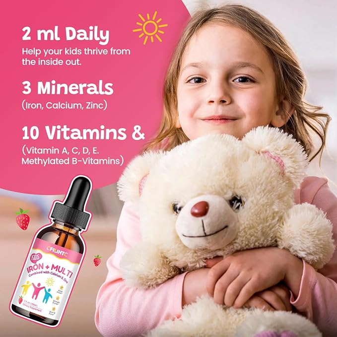 Liquid Iron Supplement for Kids, Women & Men - Kids Multivitamin with Iron Drops - Immune Support, Blood Builder & Energy Support for Iron Deficiency, Anemia - Strawberry Flavor, 4 Fl Oz