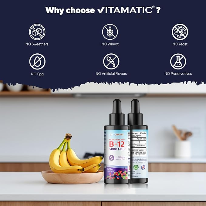 Vitamatic 2 Packs Fast Acting Liquid Vitamin B12 5000 mcg (Methylcobalamin) - Natural Berry Flavor - Sublingual Supplement - Faster Absorption - 2 OZ