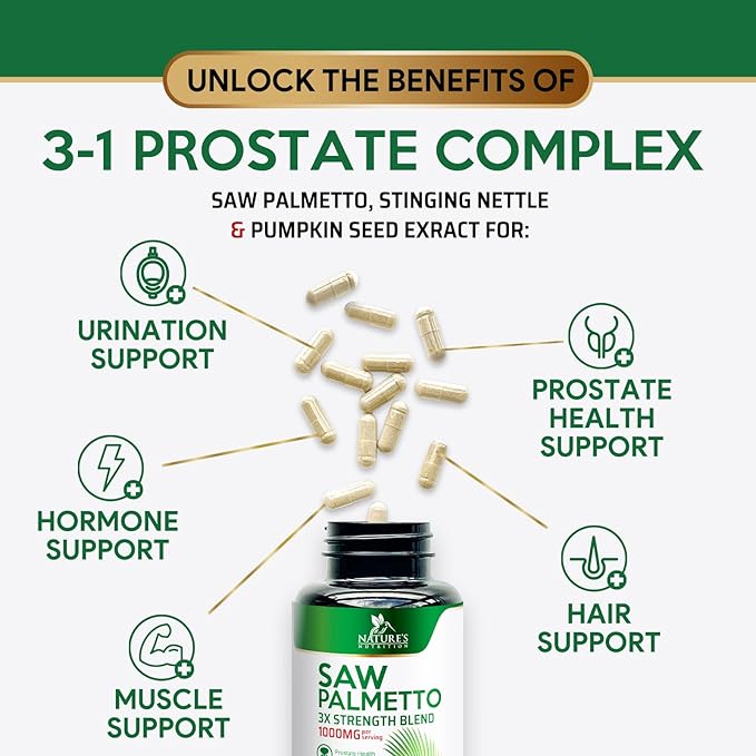 Saw Palmetto for Men - 3X Strength Prostate Health Supplements for Men's Health Support - with Stinging Nettle and Pumpkin Seed Extract - Prostate Urinary & Hair Health Support - 120 Capsules
