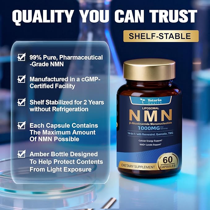 Totaria 2 Packs Liposomal NMN Supplement 1000mg, 14-in-1 NMN Resveratrol Complex with CoQ10, TMG, Quercetin, ALA, PQQ, Support NAD Levels, Cellular Energy & Healthy Aging, cGMP, Filler Free