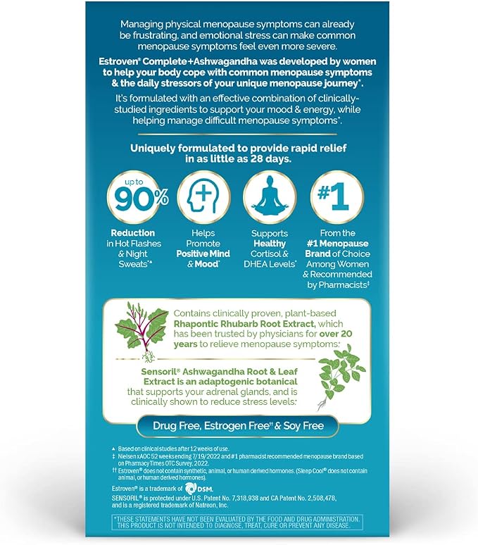 Estroven Complete + Ashwagandha Multi-Symptom Menopause Supplement for Women - 60 Ct. - Clinically Proven Ingredients Provide Menopause Relief & Night Sweats + Hot Flash Relief* - Drug-Free & Non-GMO