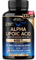 Alpha Lipoic Acid 600mg - ALA Supplement Antioxidant for Nerve, Energy & Metabolism Support - Extra Strength with Benfotiamine, B1 & B12 - Lab Tested, NON-GMO & Vegan - 240 Capsules, 4 Month Supply