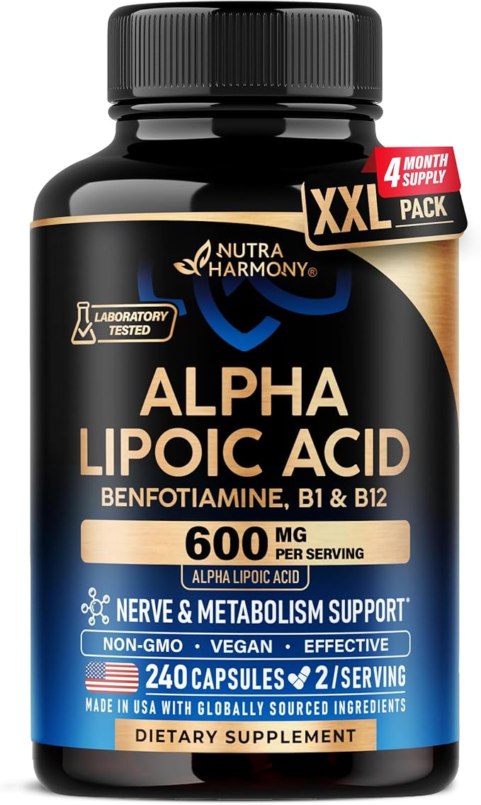 Alpha Lipoic Acid 600mg - ALA Supplement Antioxidant for Nerve, Energy & Metabolism Support - Extra Strength with Benfotiamine, B1 & B12 - Lab Tested, NON-GMO & Vegan - 240 Capsules, 4 Month Supply