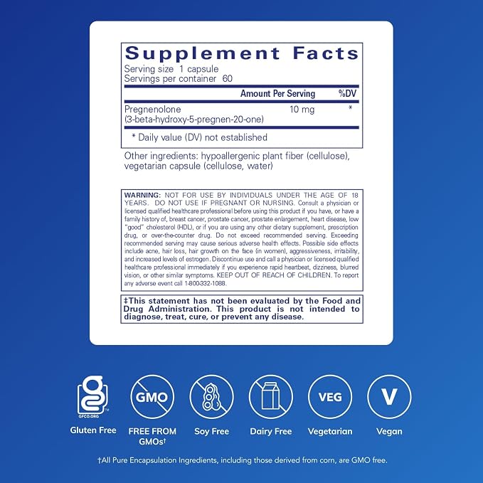 Pure Encapsulations Pregnenolone 10 mg - Support Memory & Hormone Balance* - Hormone Precursor - Gluten Free & Non-GMO - 60 Capsules