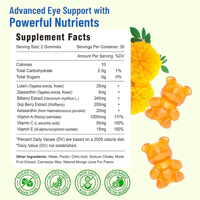 Eye Vitamins Lutein & Zeaxanthin Gummies, Sugar Free Eye Health Supplements with Bilberry, Astaxanthin - Support Blue Light, Visual Function and Macular Health - Mango Flavored, 120 Count