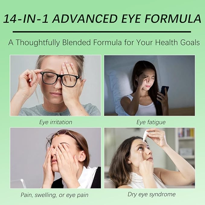14-in-1 Advanced Eye Vitamin Supplement with Lutein, Zeaxanthin, Bilberry Extract & Zinc for Adults - Supports Vision, Macula & Blue Light Protection - 60 Capsules (01)