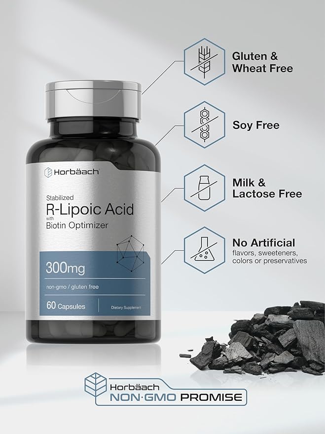 Horbäach Stabilized R-Lipoic Acid 300mg | 60 Capsules | with Biotin Optimizer | Non-GMO, Gluten Free | Na-RALA Supplement