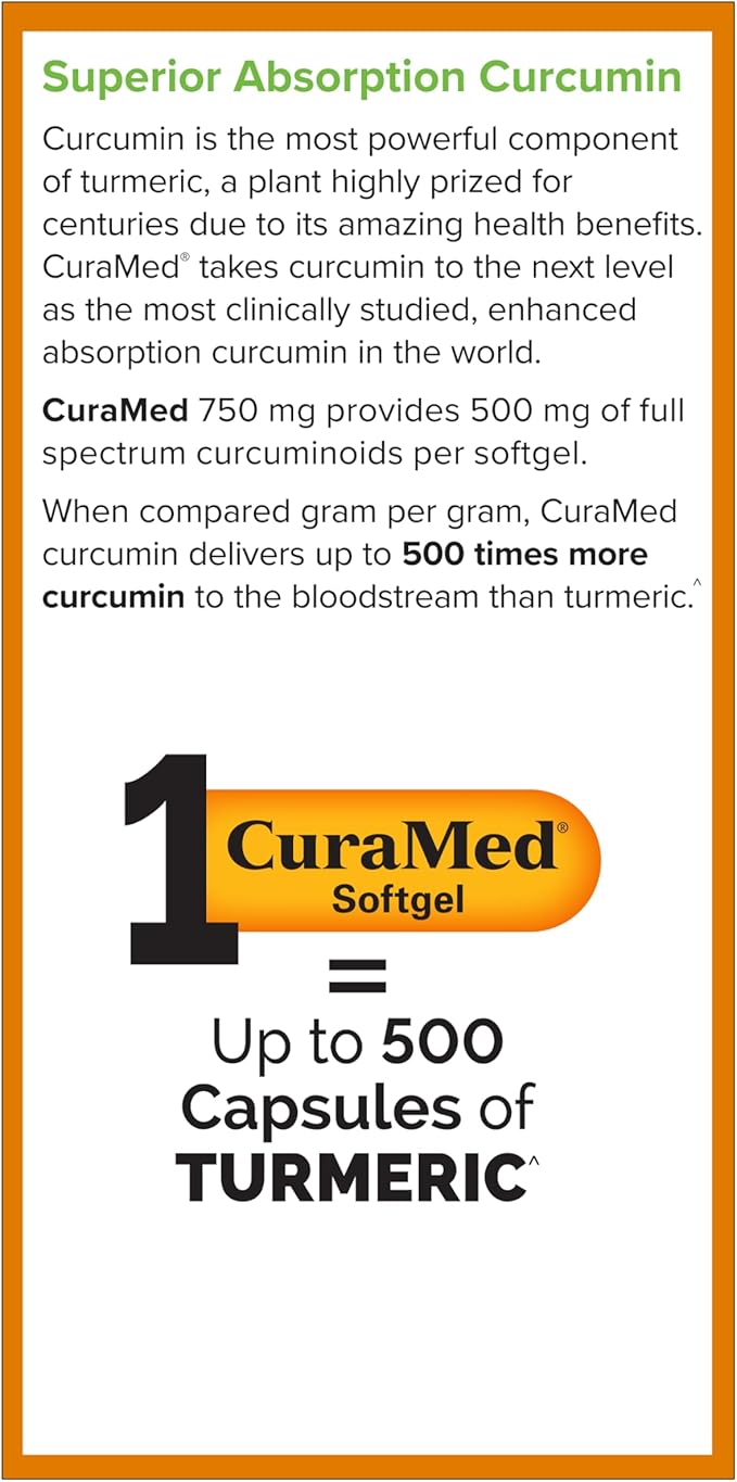 Terry Naturally CuraMed 750 mg - Antioxidant Supplement for Brain & Heart Health Support - Supplement with High-Potency Curcumin Complex - Kidney, Liver & Immune Health Support - 120 Softgels (1 Pack)