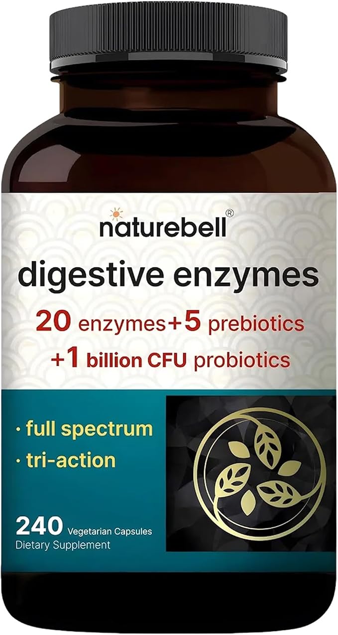 NatureBell Digestive Enzymes - 240 Capsules - Gut & Digestive Health Support Supplement* - with 20 Enzymes, 5 Prebiotics & 10-Strand Probiotic Blend