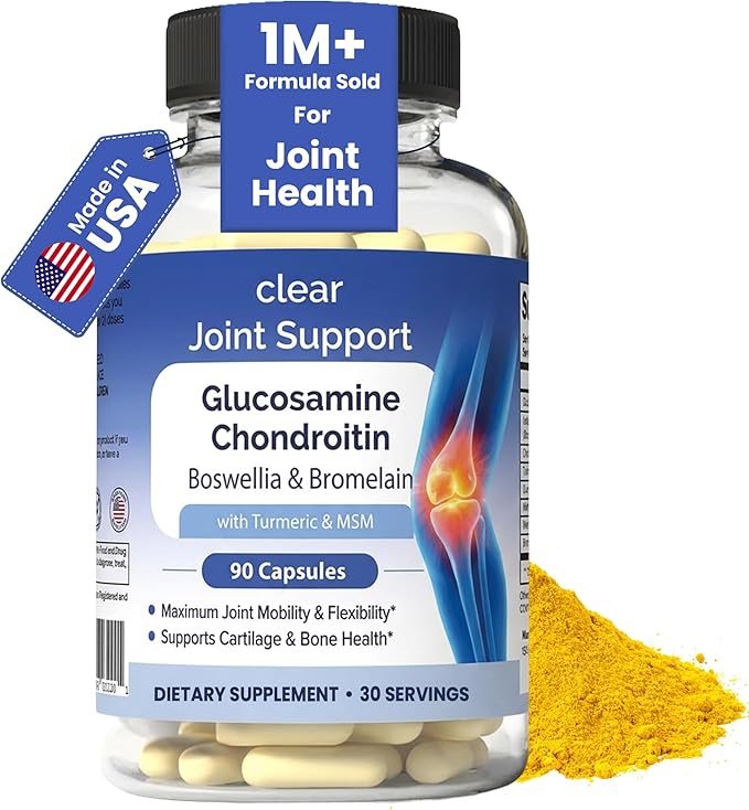 Clear Joint Support - Glucosamine Chondroitin MSM with Turmeric & Boswellia | 8-in-1 Formula | 90 Capsules (30-Day Supply) | Supports Knee, Hip & Back Health | Made in USA