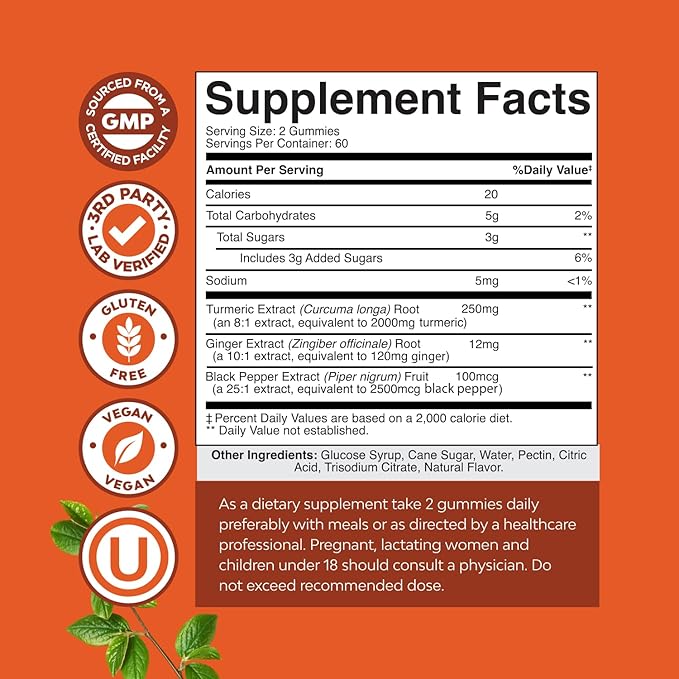 Turmeric Gummies for Adults - Extra Strength Joint Support Gummies with Turmeric Curcumin with Black Pepper Extract and Ginger - Peach Flavor Vitamins for Adults - 120 Count