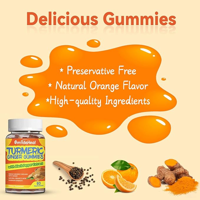 Turmeric Curcumin Gummies 500mg, with Turmeric Root Extract, Ginger Root, Black Pepper Extract, Antioxidant Support, Orange Flavor Gummies, 60 Count (Pack of 2)