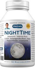 ANDREW LESSMAN Night Time 30 Capsules - 3mg Melatonin, Valerian, Ashwagandha, Passionflower, Hops, Chamomile. No Morning Grogginess. Natural Support, Gentle Restful Sleep. Easy to Swallow Capsules