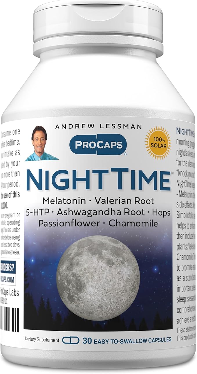 ANDREW LESSMAN Night Time 30 Capsules - 3mg Melatonin, Valerian, Ashwagandha, Passionflower, Hops, Chamomile. No Morning Grogginess. Natural Support, Gentle Restful Sleep. Easy to Swallow Capsules