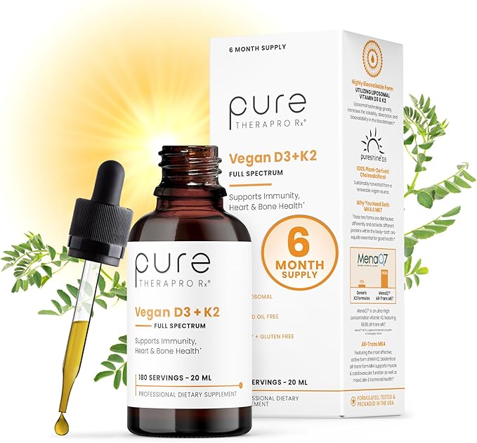 Pure Therapro Rx Vegan D3 + K2 Organic 100% Liposomal 20ml Made in USA | 6 Month Supply | Maximum Absorption Vitamin D3 and Vitamin K2 Supplements for Men and Women, D3 Vitamin 5000 IU