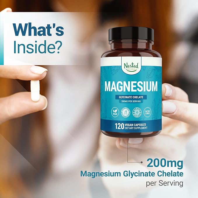 Nested Naturals Magnesium Glycinate Chelate - 200mg Chelated Magnesium Supplement for Muscle Cramps, Relaxation, & Sleep Support - 100% Albion TRACCS Buffered Magnesium Glycinate - 120 Vegan Capsules
