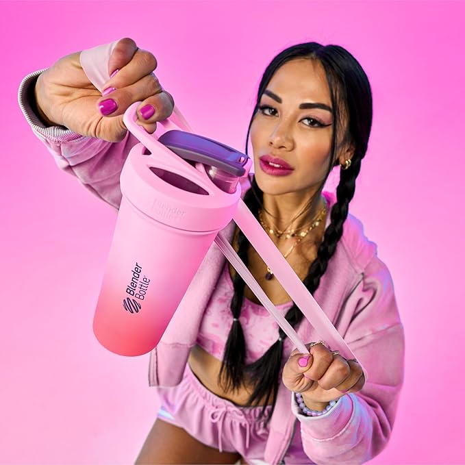 BlenderBottle Sport Sleek Insulated Stainless Steel Shaker Bottle with Wire Whisk, Protein Shakes & Hydration for Athletes & Fitness Enthusiasts, Lockable Lid, 25-Ounce, Flamingo Ombre