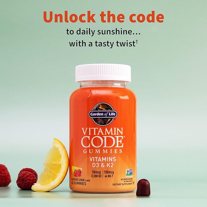 Garden of Life Vitamin Vitamin Code D3 + K2 Gummies with Prebiotics & Probiotics for Digestion, 2000 IU Vitamin D3 + 100 mcg K2 for Bone & Immune Health for Adults, 45 Raspberry Lemon Gummies