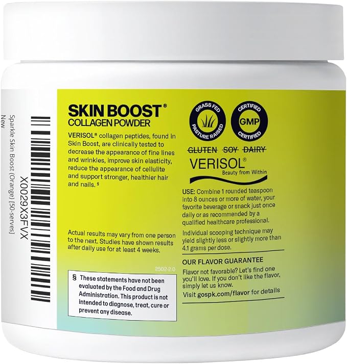 Sparkle Wellness VERISOL Bioactive Hydrolyzed Collagen Peptides | Collagen Powder Supplement with Vitamin C for Skin, Hair & Nail Health | Skin Boost (Orange) [50-Serves]