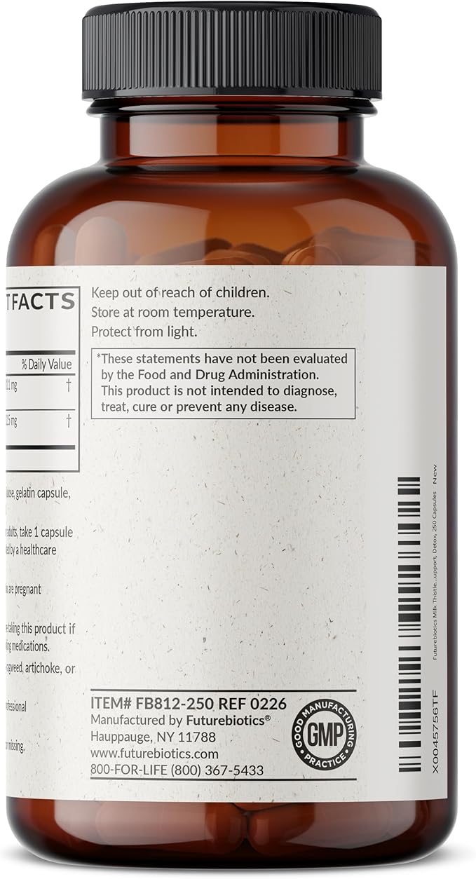 Futurebiotics Milk Thistle Silymarin Marianum & Dandelion Extract Liver Health Support, Antioxidant Support, Detox, 250 Capsules