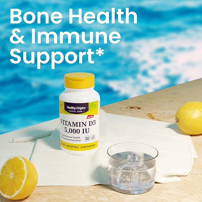 Healthy Origins Vitamin D3 (Lanolin) 5,000 IU Softgel - Bone Health and Immune Support Supplement - Easily Absorbable Vitamin D Supplements - Gluten-Free Vitamin D3 Supplement - 360 Softgels