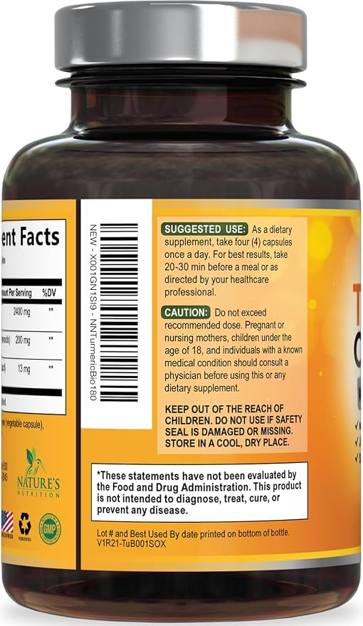 Turmeric Curcumin Supplement - 2400mg Organic Turmeric Per Serving - 95% Curcuminoids & BioPerine Black Pepper Extract for Best Absorption - Natural Vegan Joint Support, Bottled in USA - 180 Capsules