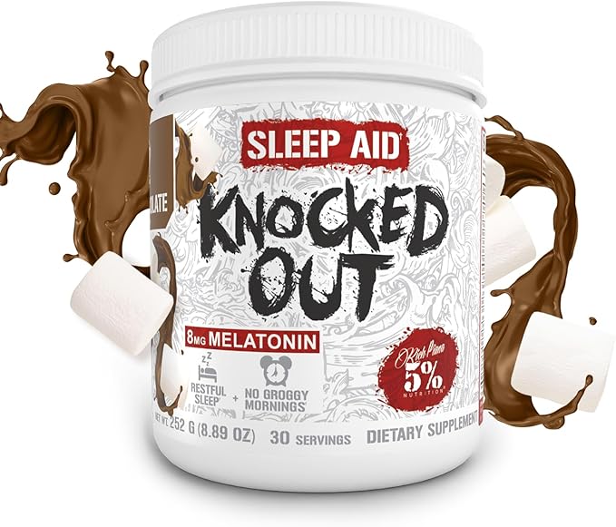 5% Nutrition Rich Piana Knocked Out Natural Sleep Aid | Post-Workout Recovery & Deep Sleep Supplement | GABA, Melatonin, Chamomile, Tyrosine, 5-HTP, & More | 8.4 oz, 30 Servings (Hot Chocolate)