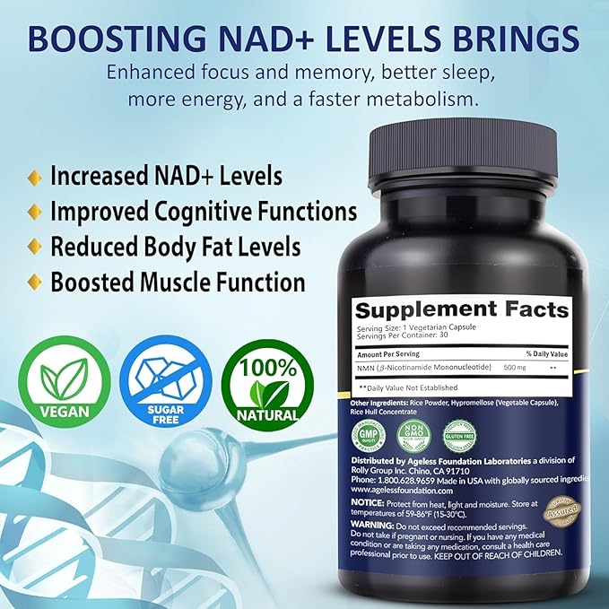NMN Supplement 500mg Nicotinamide Mononucleotide | Supports NAD+ Levels, Energy, Cognitive Function, Muscle Health & Healthy Body Composition – Capsules (30)
