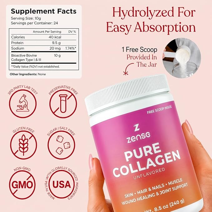 Hydrolyzed Collagen Powder for Women & Men – Organic Type I & III Bovine Collagen Peptides, High Protein – For Bone Strength, Joint Support, Healthy Hair & Glowing Skin - Colágeno Hidrolizado (240 g)