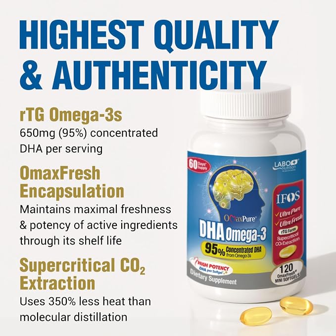 LABO Nutrition OmaxPure DHA Omega 3 Fish Oil | IFOS Certified High Strength rTG Omega 3 Fatty Acids Supplement with DHA & EPA - for Brain, Eye Prenatal Support | 120 Mini Softgels, 60 Servings