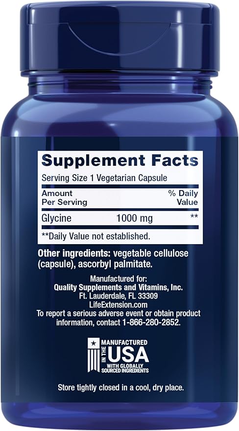 Life Extension Glycine, 1000 mg, Amino Acid That Promotes Healthy Sleep, Gluten-Free, Non-GMO, Vegetarian, 100 Capsules