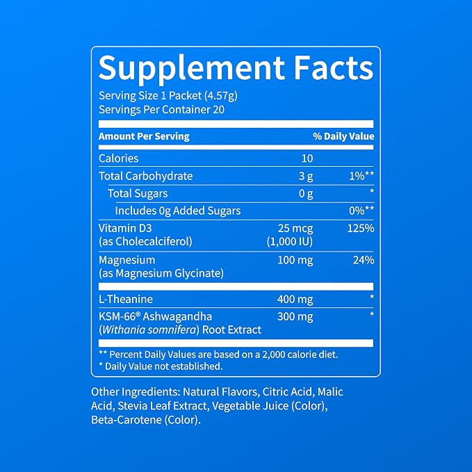 Nello Supercalm Powdered Drink Mix, Cortisol Reducer* and Sleep Aid Supplement, L Theanine, Ksm-66 Ashwagandha, Magnesium Glycinate, Vitamin D 3, No Sugar, Non GMO, On The Go, 20 Ct, Cherry Limeade